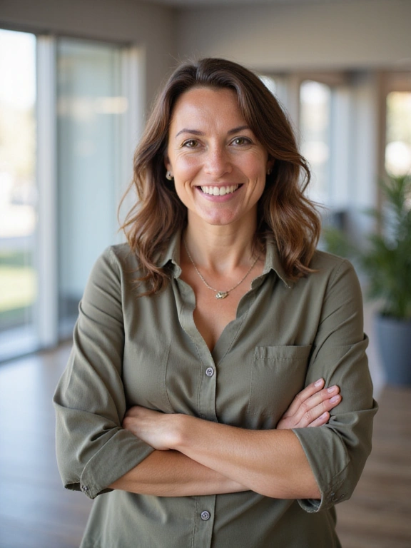 Professional portrait of the nutritionist, a friendly and confident woman in a modern office setting, smiling gently.