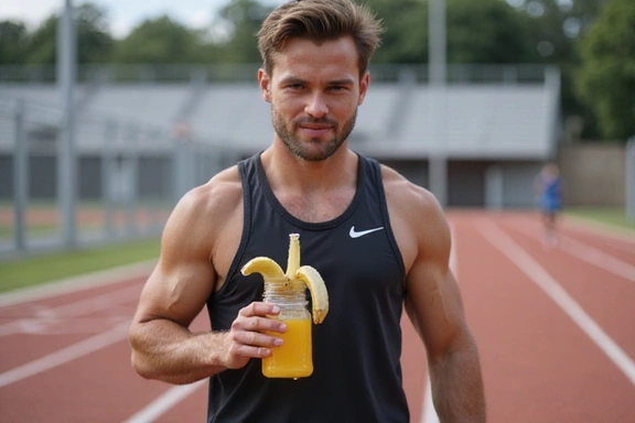 An athlete hydrating and eating a banana after a workout, with sports equipment in the background.